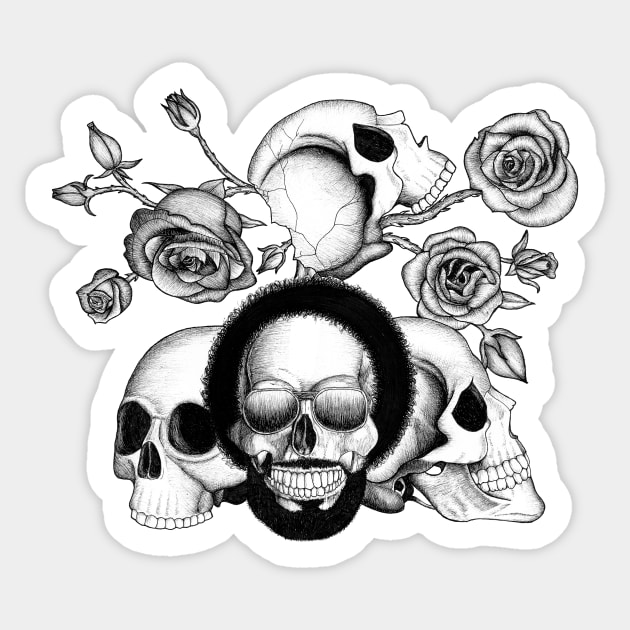 Grunge skulls and roses (afro skull included. Black and white version) Sticker by beatrizxe